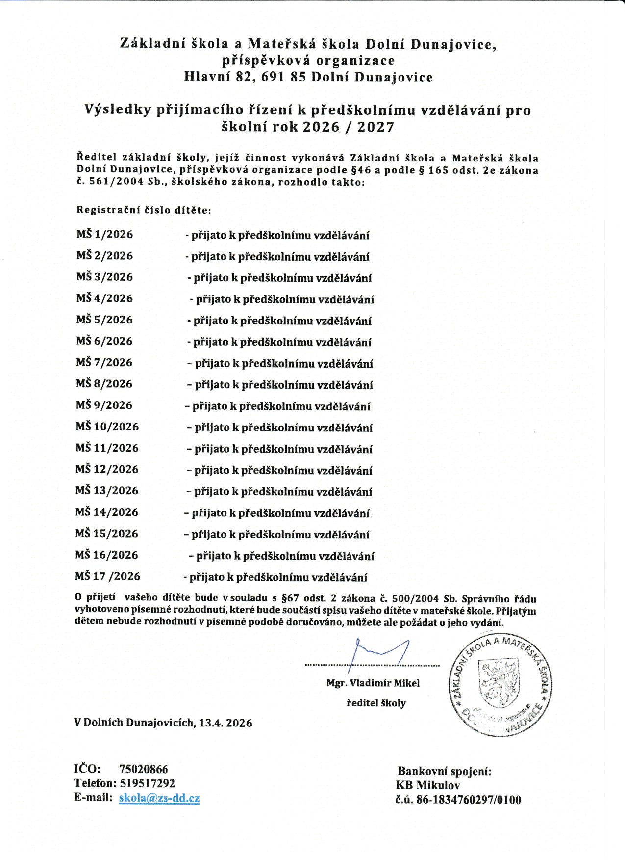 Výsledky zápisu do MŠ Dolní Dunajovice 